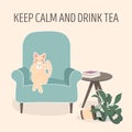 Lovely cat drinking tea on blue armchair, home pet resting vector Illustration. Keep calm and drink tea. The cat dropped