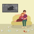 Lovely character pair, male female eat popcorn reconcile argument swearing vector illustration. Lover couple sitting