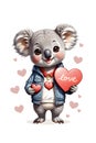 A lovely and cheerful koala with a love sign, fashionable, animal, white background, t-shirt design, logo