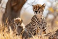 Lovely cheetah family, mother with cheetah cub in savanna grassland. generative ai Royalty Free Stock Photo