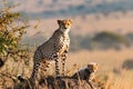 Lovely cheetah family, mother with cheetah cub in savanna grassland. generative ai Royalty Free Stock Photo