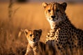 Lovely cheetah family, mother with a cheetah cub sitting looking at the camera, in savanna grassland. Generative AI Royalty Free Stock Photo