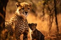 Lovely cheetah family, mother with a cheetah cub sitting looking at the camera, in savanna grassland. Generative AI Royalty Free Stock Photo