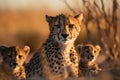 Lovely cheetah family, mother with two cheetah cubs sitting looking at the camera, in savanna grassland. Generative AI Royalty Free Stock Photo