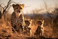 Lovely cheetah family, mother with two cheetah cubs sitting looking at the camera, in savanna grassland. Generative AI Royalty Free Stock Photo