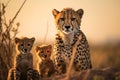 Lovely cheetah family, mother with two cheetah cubs sitting looking at the camera, in savanna grassland. Generative AI Royalty Free Stock Photo