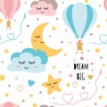 Lovely childish background made of cartoon signs: stars clouds moon air ballon vector pattern Royalty Free Stock Photo