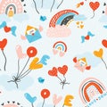 Lovely childish seamless pattern with clouds, winged hearts and mails, flying love balloon, with colourful rainbow on blue sky Royalty Free Stock Photo