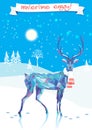 Lovely Christmas image. Deer, winter landscape, Christmas tree.Banner wintertime engoj