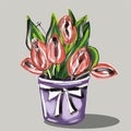 Lovely Christmas image for Wallpapers, greeting cards, posters, fabrics. Tulips, leaves, stems, bouquet of pink flowers in a vase. Royalty Free Stock Photo