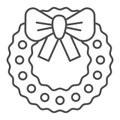 Lovely christmas wreath thin line icon. Xmas wreath with bow vector illustration isolated on white. Holiday decoration Royalty Free Stock Photo