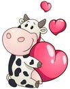 Lovely chubby cow holding heart. Valentine day holiday vector illustration