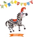 Illustration with cute little zebra,bird,ribbon and multicolored garlands Royalty Free Stock Photo