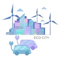 Lovely cityscape with skyscrapers, windmills, solar panels, cars, vector illustration. Royalty Free Stock Photo