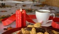 Lovely close up image of Christmas cookies and cup of coffee Royalty Free Stock Photo