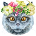 Lovely closeup portrait of British Shorthair in the classic color blue cat in a wreath of flowers. Hand drawn watercolor painting