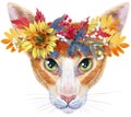 Lovely closeup portrait oriental cat in a wreath of autumn leaves. Hand drawn water colour painting on white background