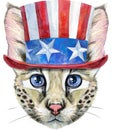 Lovely closeup portrait Savannah cat in Uncle Sam\'s hat. Hand drawn water colour painting on white background