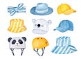 Lovely collection of summertime protective headgear and accessories for summer holiday vacations and active outdoor rest.