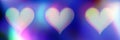 Lovely colorful gradient effect three hearts on rich blue shiny background with glitch effect, love passion panoramic