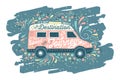 Lovely colorful hand drawn lettering in a campervan silhouette.Great for Vanlife textile, cup, poster, card, banners