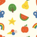 Lovely colorful seamless pattern with heart, tree, rainbow, butterfly, star, apple, pear, watermelon and ice cream Royalty Free Stock Photo
