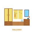 Lovely and colorful vector interior hallway design room in trendy flat style. Modern home decoration. Minimalistic Royalty Free Stock Photo