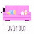 Lovely couch. Abstract bright illustration with handwritten quote