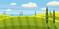 Lovely country rural landscape, pasture, Cartoon style, vector illustration