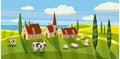 Lovely country rural landscape, cow sheep grazing, farm, flowers, pasture, Cartoon style, vector illustration