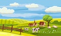 Lovely country rural landscape, cow grazing, farm, flowers, pasture, Cartoon style, vector illustration