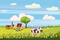 Lovely country rural landscape, cow grazing, farm, flowers, pasture, Cartoon style, vector illustration