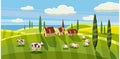 Lovely country rural landscape, cow sheep grazing, farm, flowers, pasture, Cartoon style, vector illustration