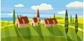 Lovely country rural landscape, farm, pasture, Cartoon style, vector illustration