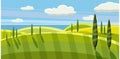 Lovely country rural landscape, pasture, Cartoon style, vector illustration