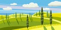 Lovely countryside, farm, village, grazing cows, sheep, flowers, clouds, Cartoon style, vector illustration