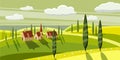 Lovely countryside, farm, village, grazing cows, sheep, flowers, clouds, Cartoon style, vector illustration