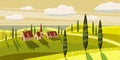 Lovely countryside, farm, village, grazing cows, sheep, flowers, clouds, Cartoon style, vector illustration
