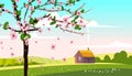 Lovely Countryside landscape farm house hut bloming tree green hills fields, nature, bright color blue sky. Spring