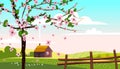 Lovely Countryside landscape farm house hut fence bloming tree green hills fields, nature, bright color blue sky. Spring