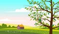 Lovely Countryside landscape farm house hut spring tree green hills fields, nature, bright color blue sky. Spring