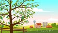 Lovely Countryside landscape farm village farm spring tree green hills fields, nature, bright color blue sky. Spring