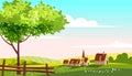 Lovely Countryside landscape farm village farm spring tree green hills fields, nature, bright color blue sky. Spring