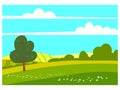 Lovely Countryside landscape spring tree green hills fields, nature, bright color blue sky. Spring, summer country