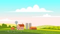 Lovely Countryside landscape village farm green hills fields, nature, bright color blue sky. Spring, summer country