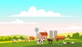 Lovely Countryside landscape village farm green hills fields, nature, bright color blue sky. Spring, summer country