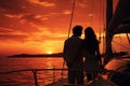 Lovely couple admiring sunset sitting on yacht deck while sailing in the sea. Handsome man and beautiful woman having romantic Royalty Free Stock Photo