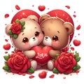 A lovely couple of adorable bear, hugging a heart in cute face, with red rose flower and love sign, cartoon, romantic scene