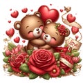 A lovely couple of adorable bear in love scene, hugging each orhers in cute pose, rose flower, love sign, cartoon, romantic