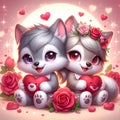 A lovely couple of baby wolf, sitting in cute holding the ted heart, surrounded by flower petals, romantic athmosphere, cartoon